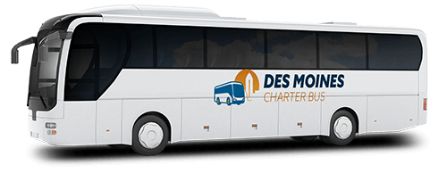 a plain white charter bus with a Des Moines Charter Bus logo on it